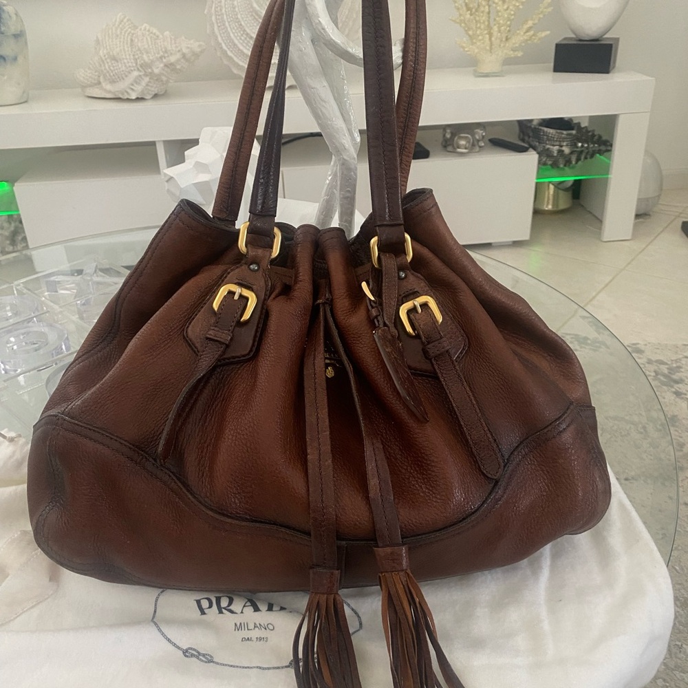 Prada Cervo Antik Drawstring Tassel Deerskin Soft Leather Tote Handbag